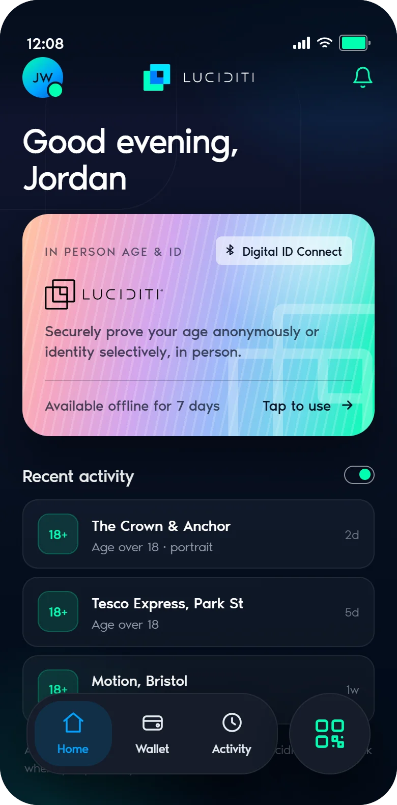 The Luciditi app showing a verified 18+ Age Proof card and recent activity